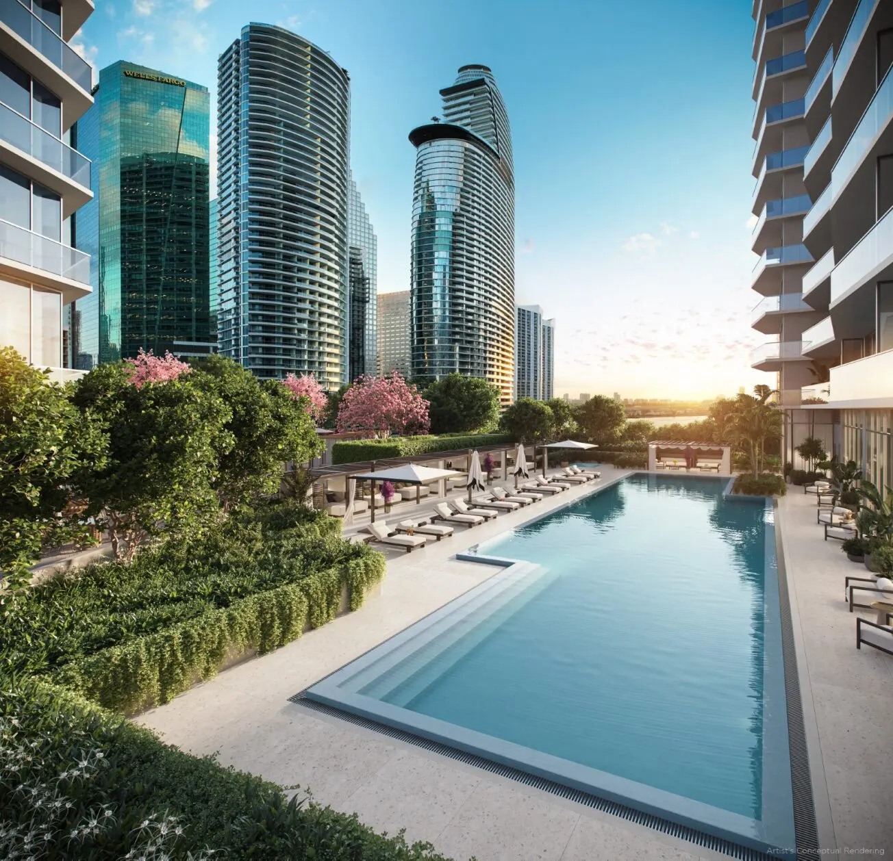 Pool Deck no 14º andar com cabanas e vista da cidade